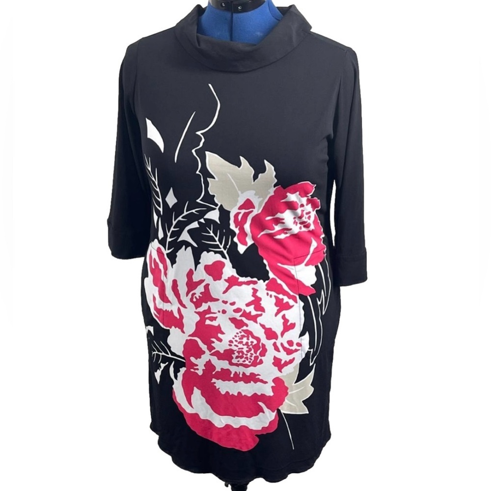 Alfani Shift Dress, 3/4 Sleeves, Stretch‎ Cowl Neck Black Pink Flower Print P/M